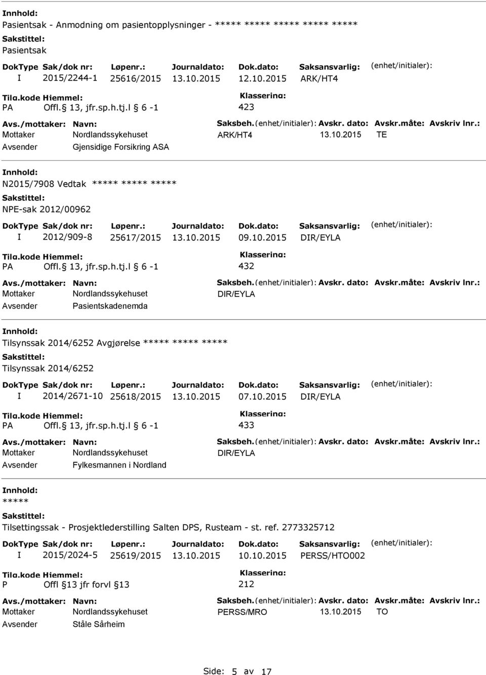 2015 DR/EYLA A 432 DR/EYLA asientskadenemda nnhold: Tilsynssak 2014/6252 Avgjørelse Tilsynssak 2014/6252 2014/2671-10 