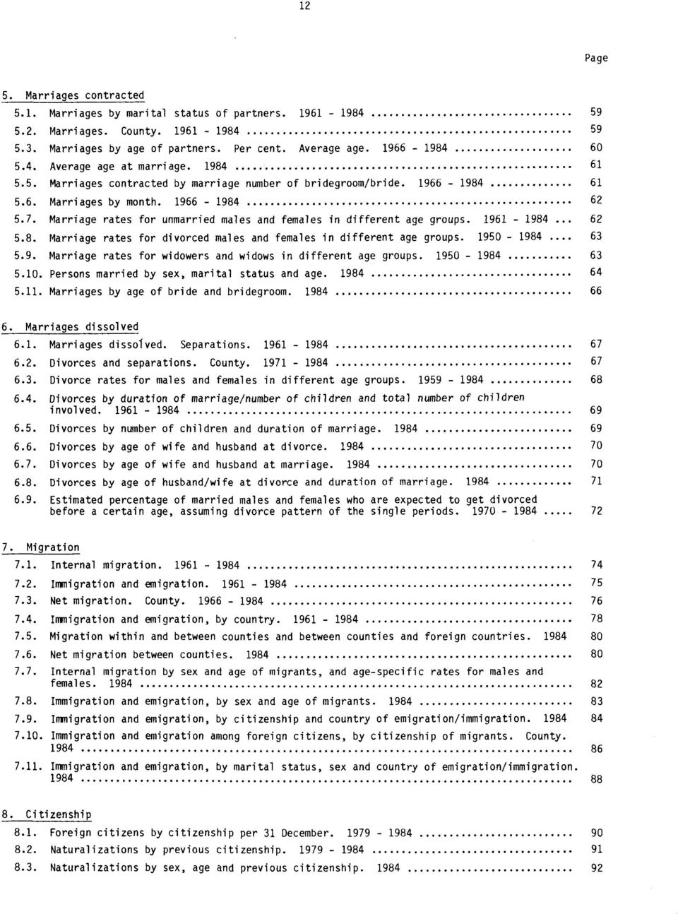 Marriage rates for unmarried males and females in different age groups. 1961-1984.. 62 5.8. Marriage rates for divorced males and females in different age groups. 1950-1984... 63 5.9. Marriage rates for widowers and widows in different age groups.