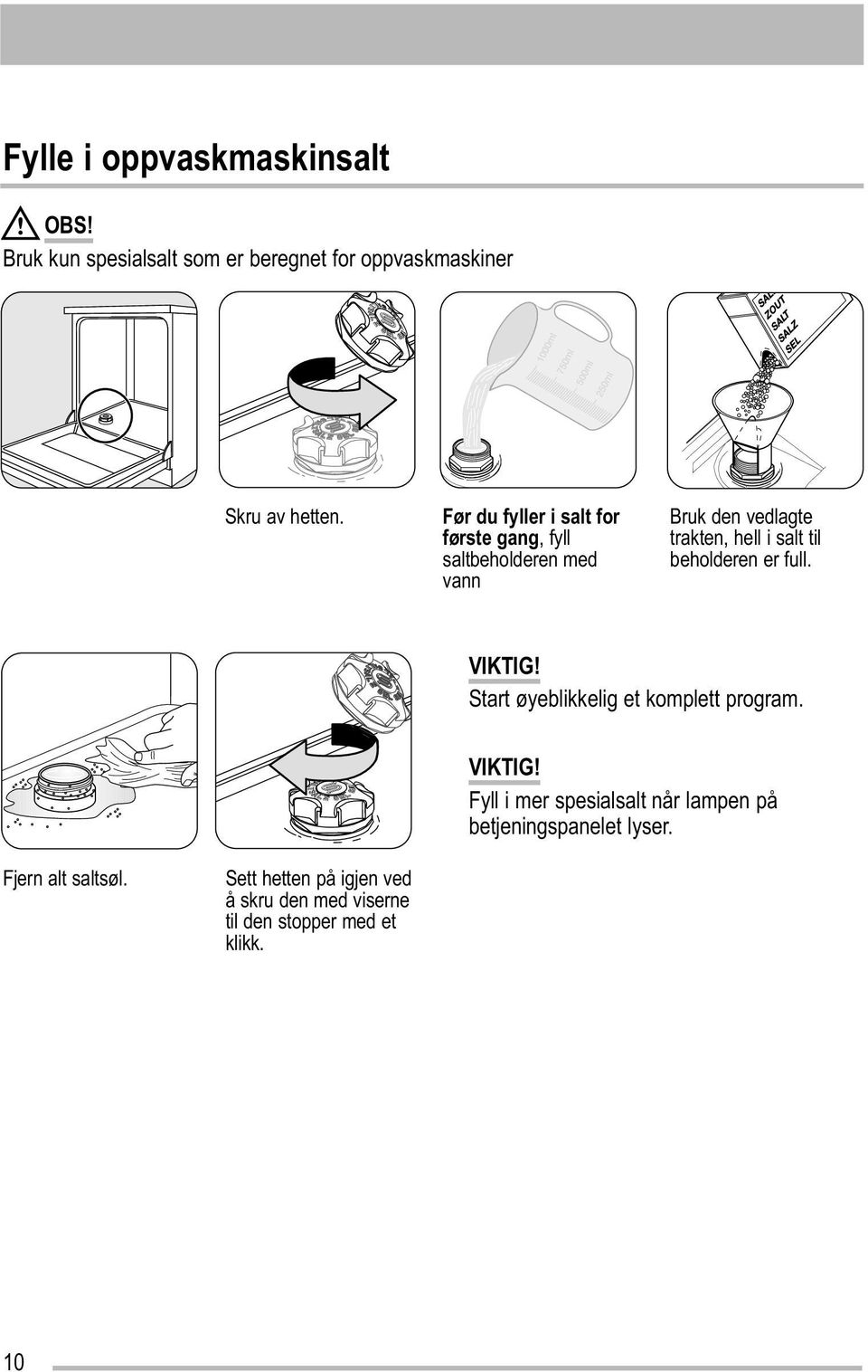 beholderen er full. VIKTIG! Start øyeblikkelig et komplett program. VIKTIG! Fyll i mer spesialsalt når lampen på betjeningspanelet lyser.