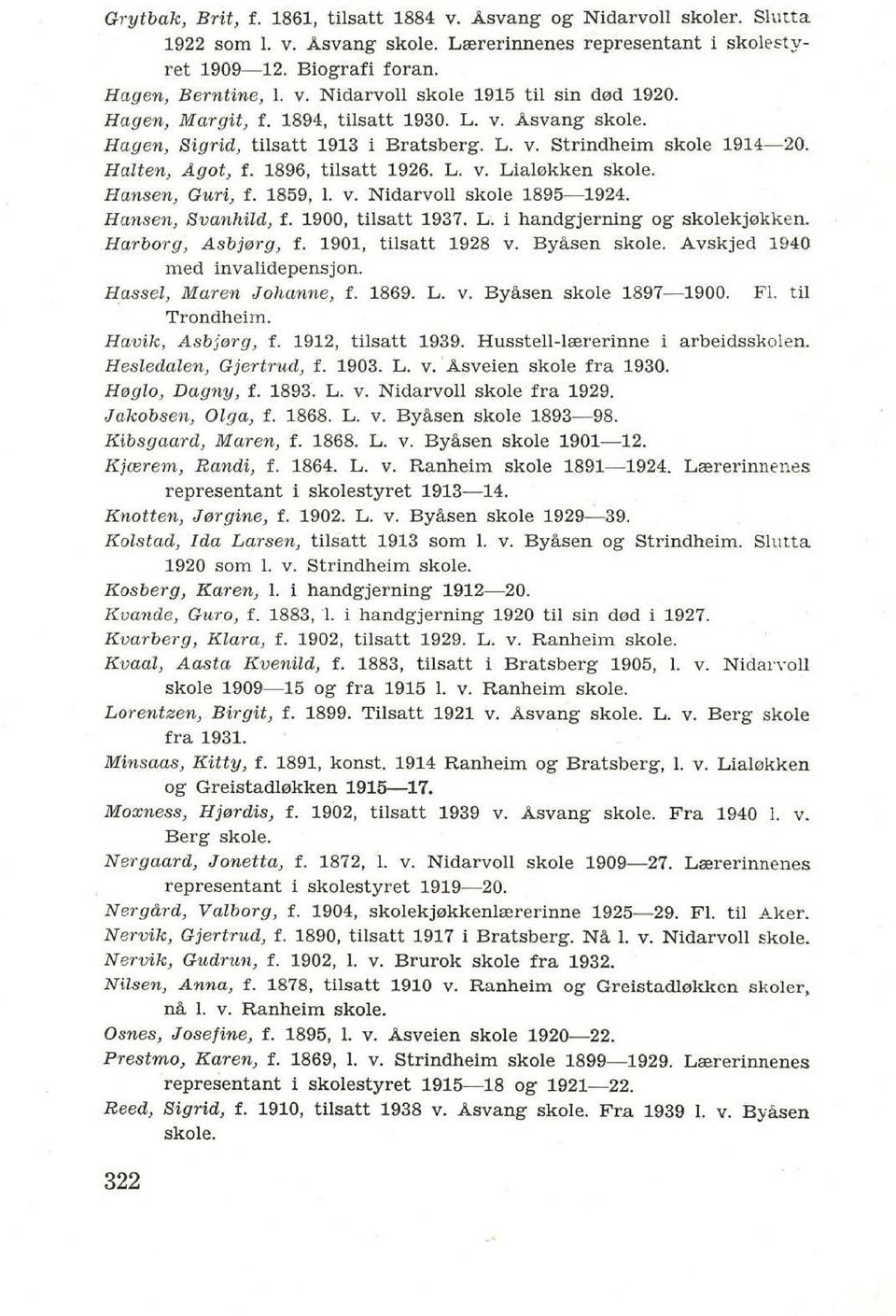 Hansen, Guri, f. 1859, 1. v. Nidarvoll skale 1895-1924. Hansen, Svanhild, f. 1900, tilsatt 1937. L. i handgjerning ag skalekj0kken. Harborg, Asbjerg, f. 1901, tilsatt 1928 v. Byisen skole.