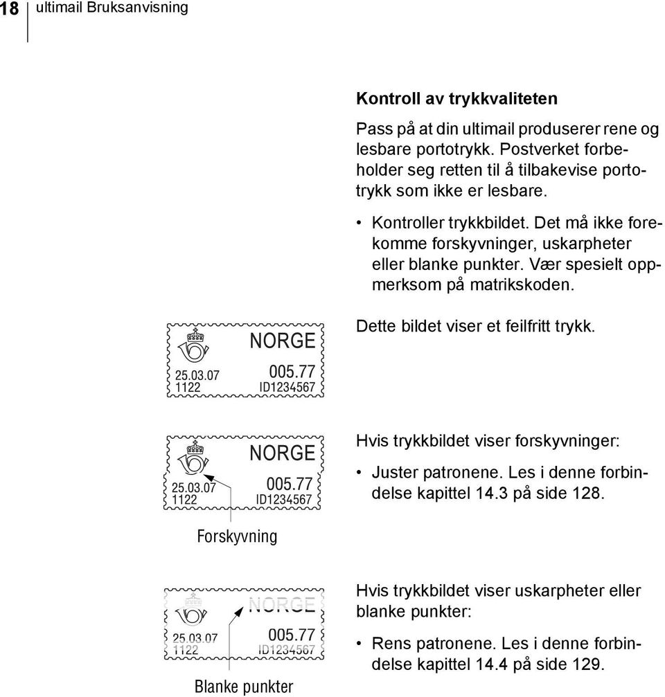 Det må ikke forekomme forskyvninger, uskarpheter eller blanke punkter. Vær spesielt oppmerksom på matrikskoden. Dette bildet viser et feilfritt trykk.