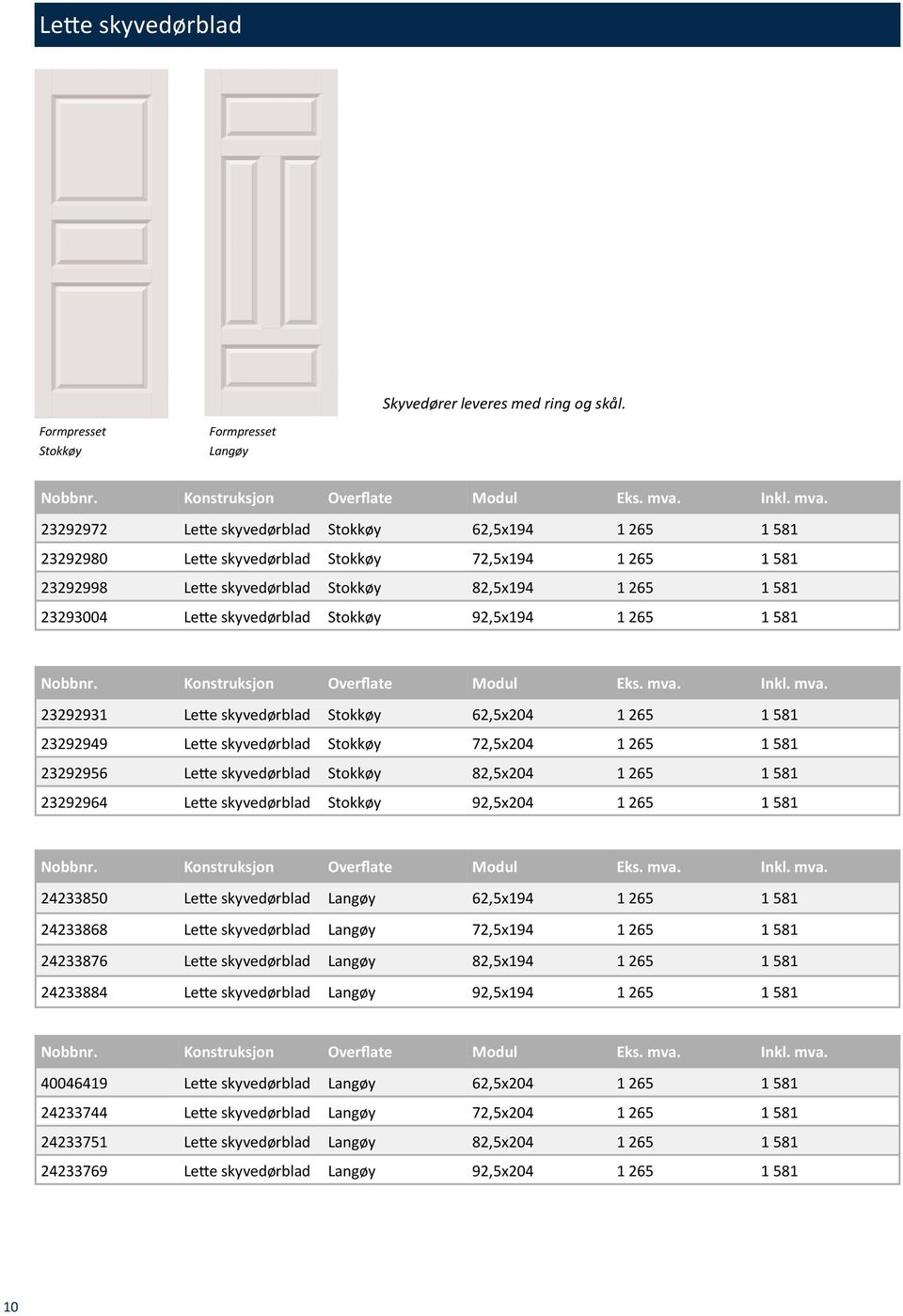 265 1 581 23293004 Lette skyvedørblad Stokkøy 92,5x194 1 265 1 581 23292931 Lette skyvedørblad Stokkøy 62,5x204 1 265 1 581 23292949 Lette skyvedørblad Stokkøy 72,5x204 1 265 1 581 23292956 Lette
