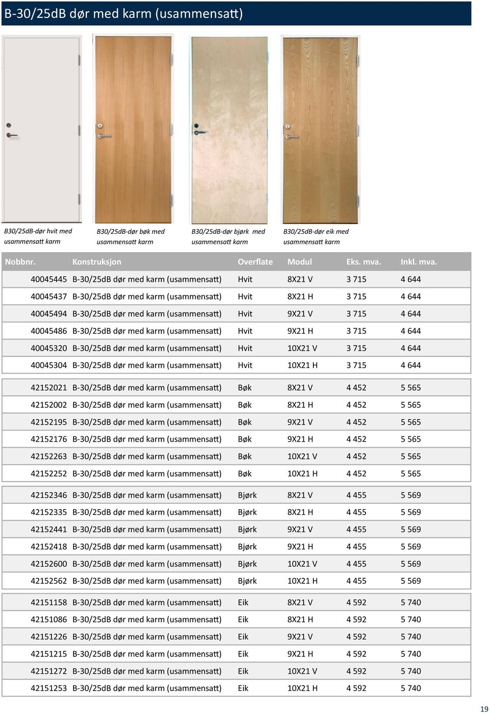 715 4 644 40045486 B-30/25dB dør med karm (usammensatt) Hvit 9X21 H 3 715 4 644 40045320 B-30/25dB dør med karm (usammensatt) Hvit 10X21 V 3 715 4 644 40045304 B-30/25dB dør med karm (usammensatt)