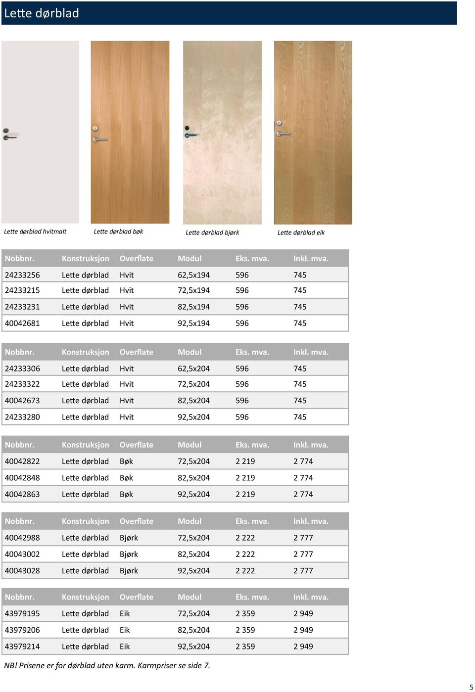 82,5x204 596 745 24233280 Lette dørblad Hvit 92,5x204 596 745 40042822 Lette dørblad Bøk 72,5x204 2 219 2 774 40042848 Lette dørblad Bøk 82,5x204 2 219 2 774 40042863 Lette dørblad Bøk 92,5x204 2 219