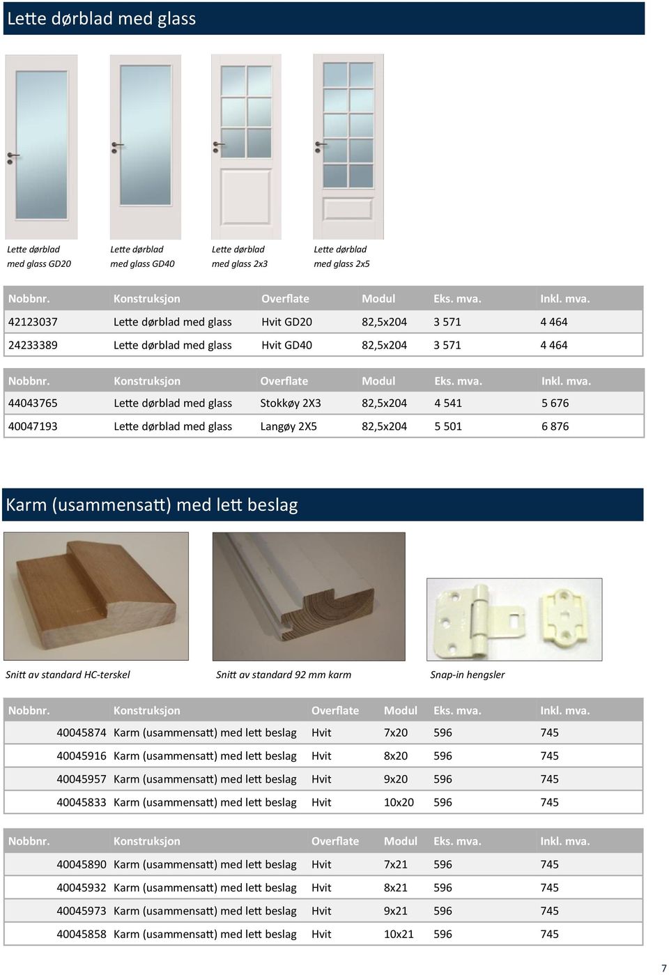 Karm (usammensatt) med lett beslag Snitt av standard HC-terskel Snitt av standard 92 mm karm Snap-in hengsler 40045874 Karm (usammensatt) med lett beslag Hvit 7x20 596 745 40045916 Karm (usammensatt)