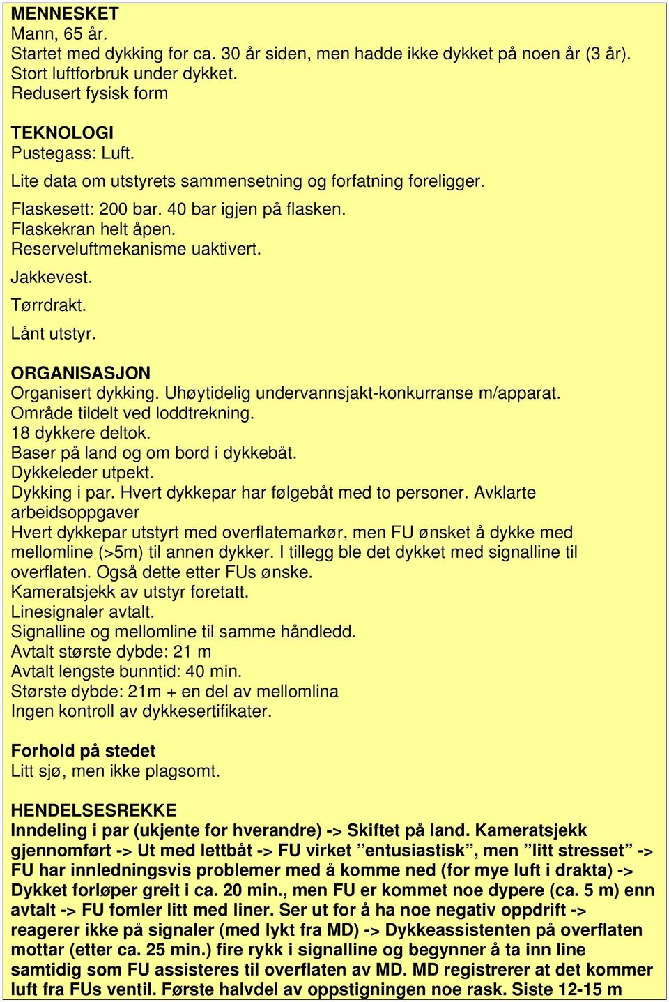 Tørrdrakt. Lånt utstyr. Organisert dykking. Uhøytidelig undervannsjakt-konkurranse m/apparat. Område tildelt ved loddtrekning. 18 dykkere deltok. Baser på land og om bord i dykkebåt.