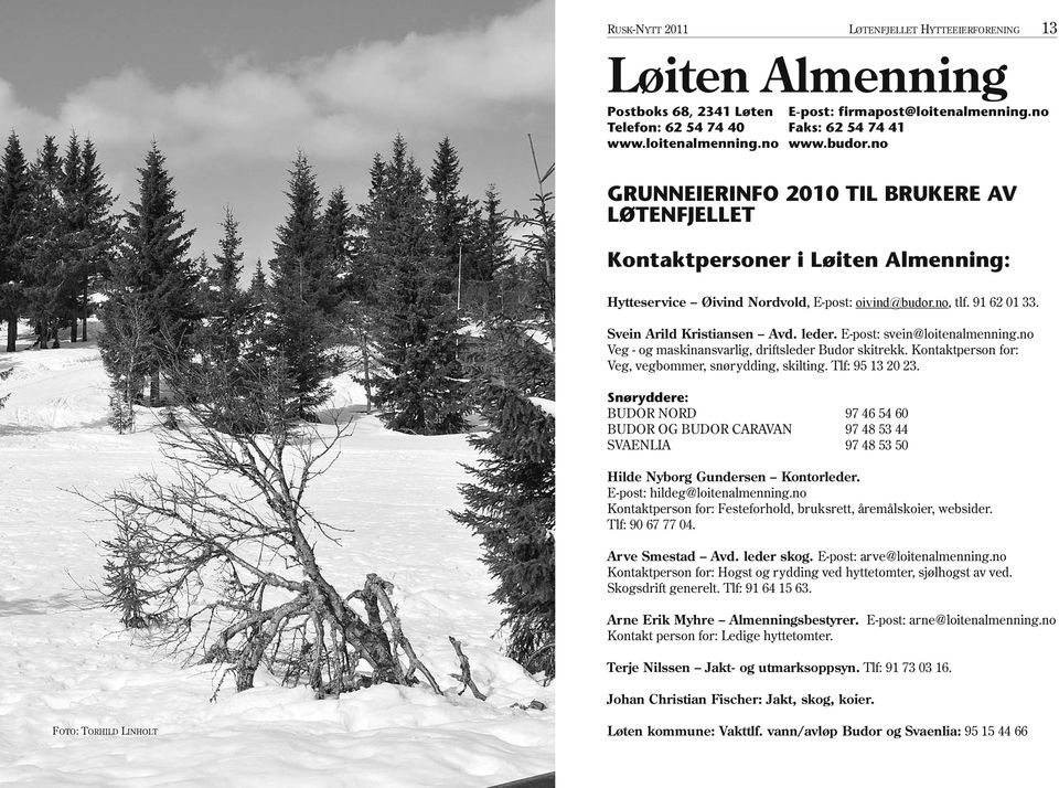 leder. E-post: svein@loitenalmenning.no Veg - og maskinansvarlig, driftsleder Budor skitrekk. Kontaktperson for: Veg, vegbommer, snørydding, skilting. Tlf: 95 13 20 23.