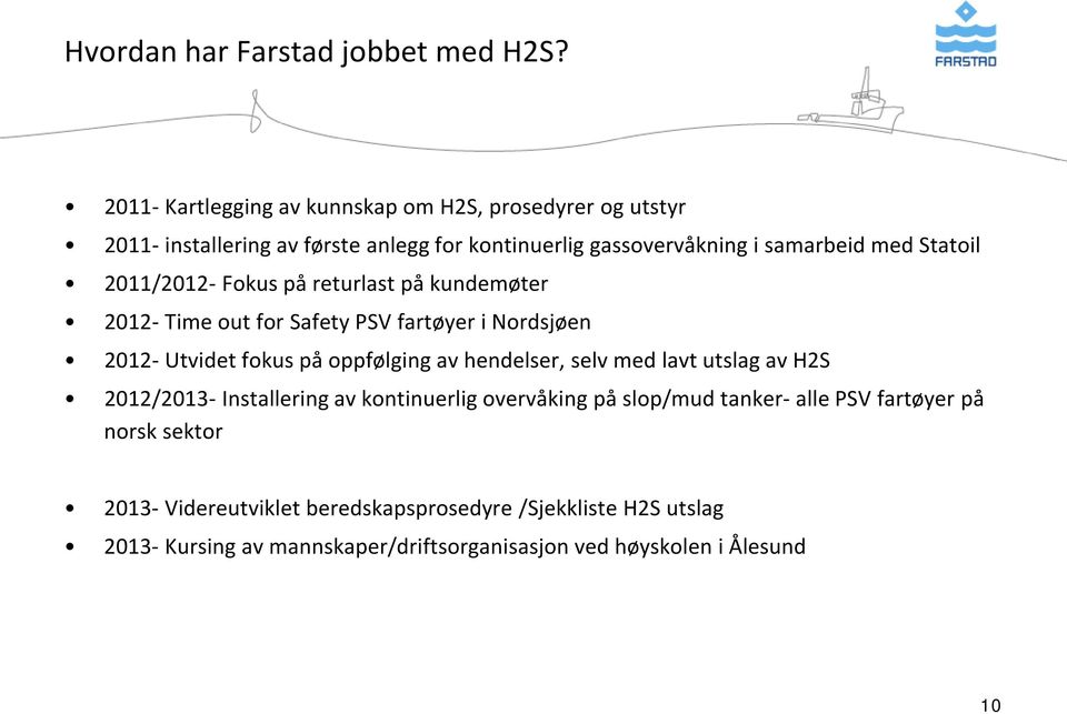 Statoil 2011/2012- Fokus på returlast på kundemøter 2012- Time out for Safety PSV fartøyer i Nordsjøen 2012- Utvidet fokus på oppfølging av hendelser,