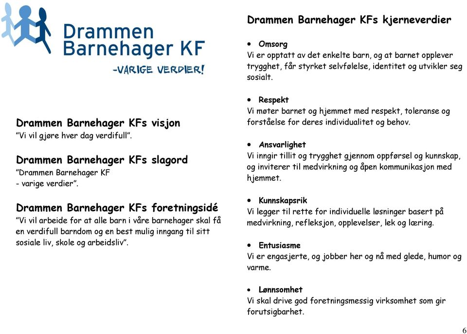 Drammen Barnehager KFs foretningsidé Vi vil arbeide for at alle barn i våre barnehager skal få en verdifull barndom og en best mulig inngang til sitt sosiale liv, skole og arbeidsliv.