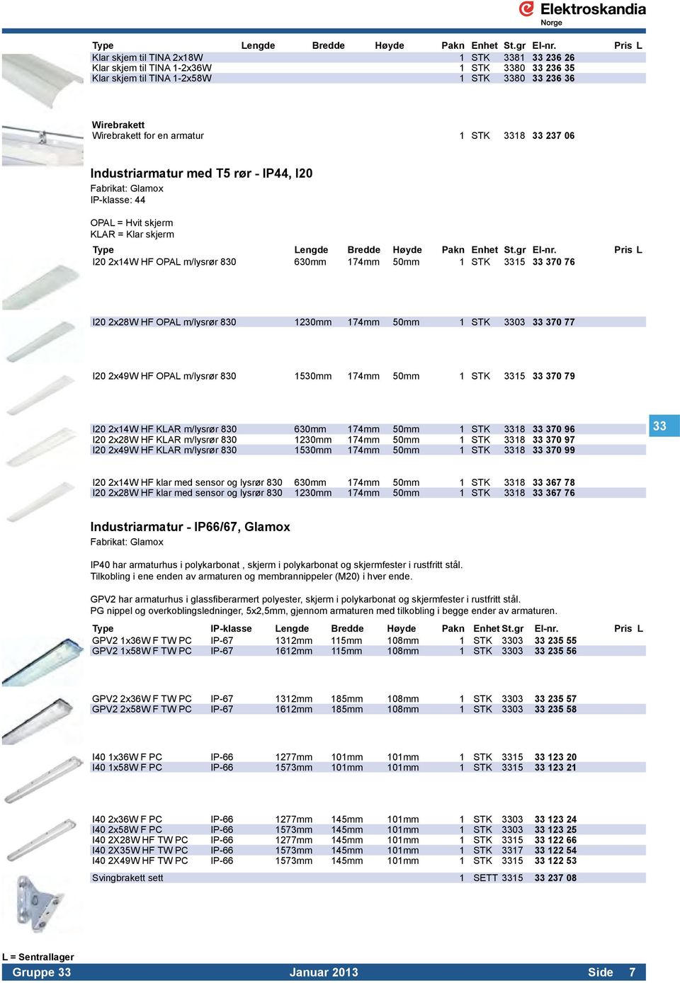 3318 33 237 06 Industriarmatur med T5 rør - IP44, I20 IP-klasse: 44 OPAL = Hvit skjerm KLAR = Klar skjerm  Pris L I20 2x14W HF OPAL m/lysrør 830 630mm 174mm 50mm 1 STK 3315 33 370 76 I20 2x28W HF