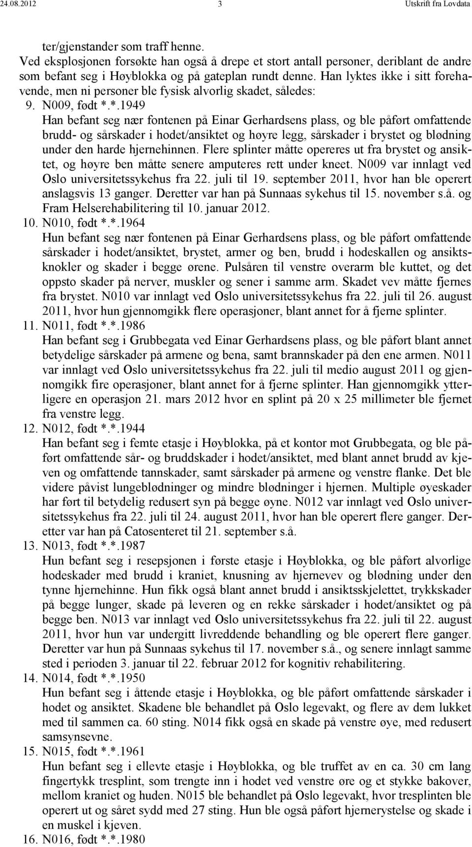 Han lyktes ikke i sitt forehavende, men ni personer ble fysisk alvorlig skadet, således: 9. N009, født *.