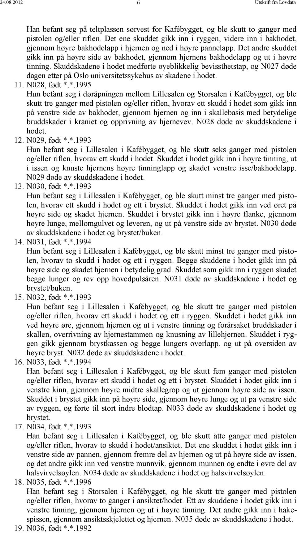 Det andre skuddet gikk inn på høyre side av bakhodet, gjennom hjernens bakhodelapp og ut i høyre tinning.