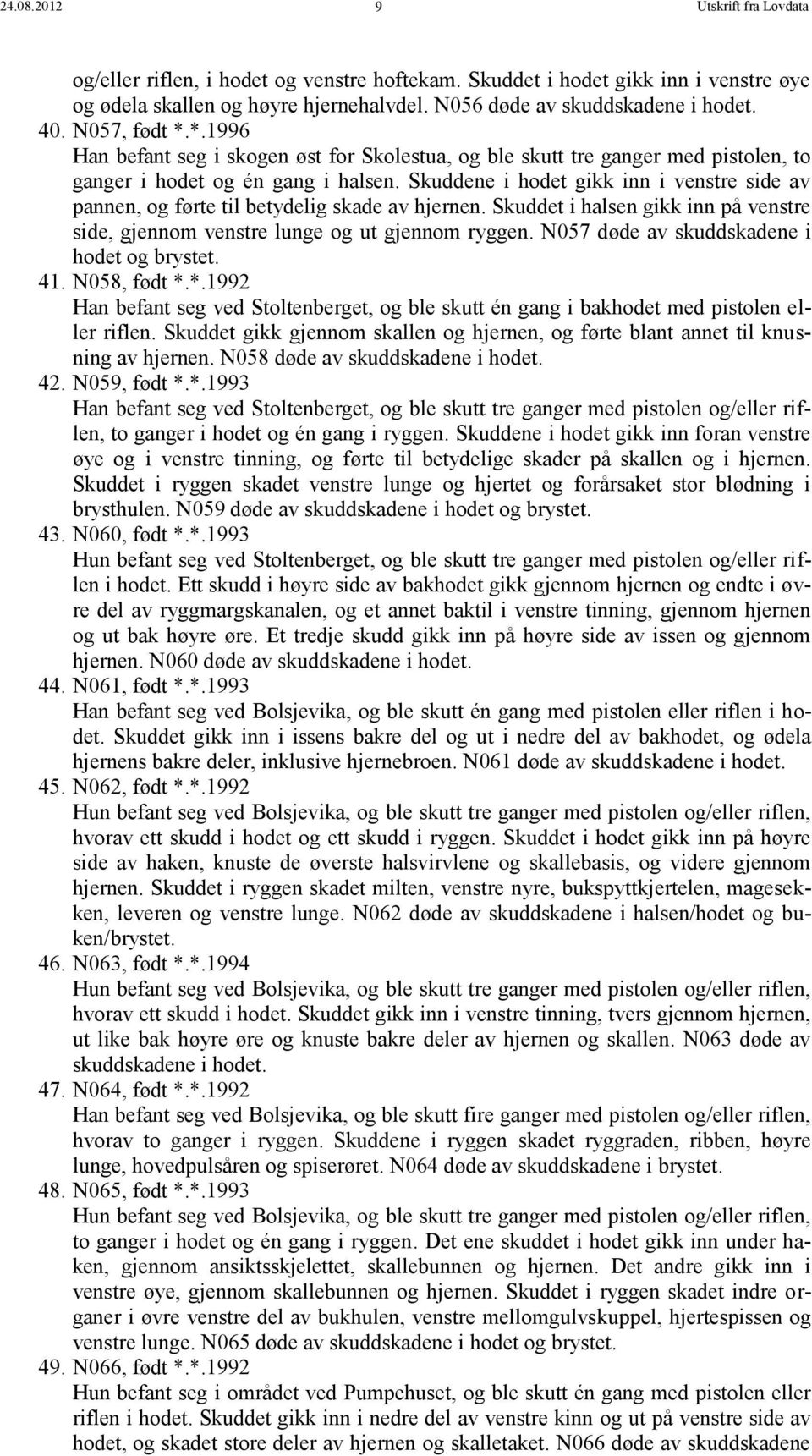 Skuddene i hodet gikk inn i venstre side av pannen, og førte til betydelig skade av hjernen. Skuddet i halsen gikk inn på venstre side, gjennom venstre lunge og ut gjennom ryggen.