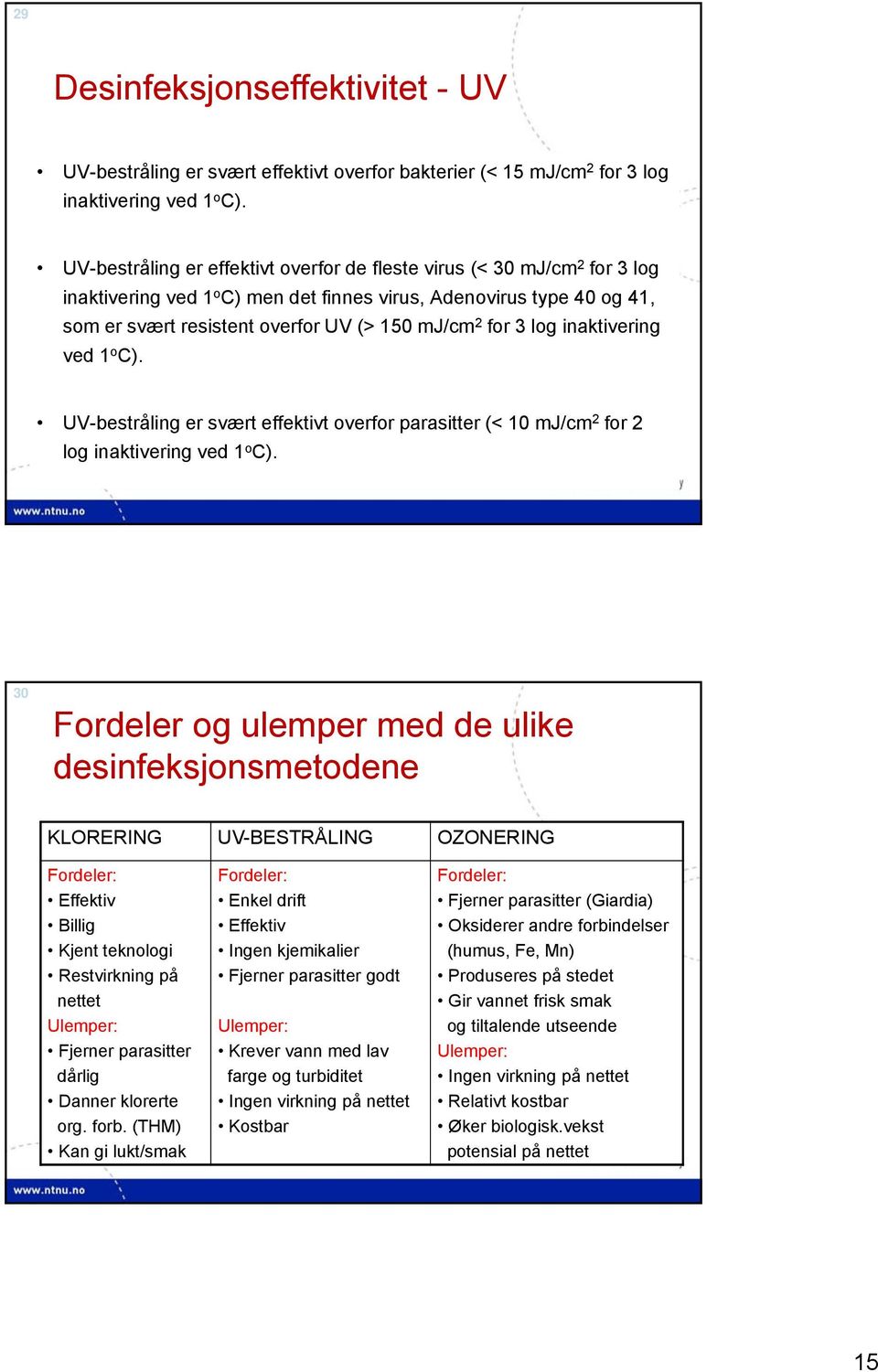 3 log inaktivering ved 1 o C). UV-bestråling er svært effektivt overfor parasitter (< 10 mj/cm 2 for 2 log inaktivering ved 1 o C).