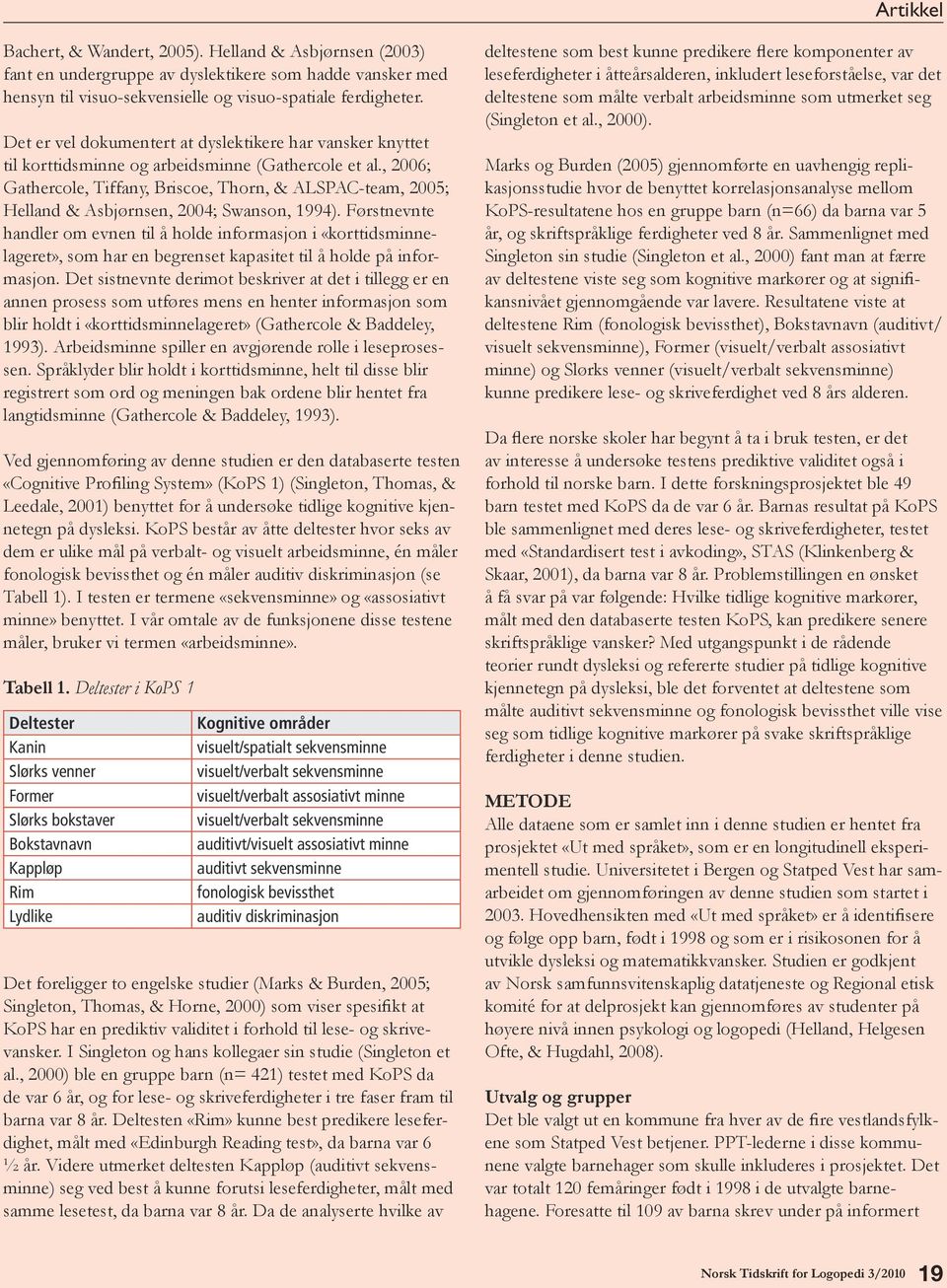 , 2006; Gathercole, Tiffany, Briscoe, Thorn, & ALSPACteam, 2005; Helland & Asbjørnsen, 2004; Swanson, 1994).