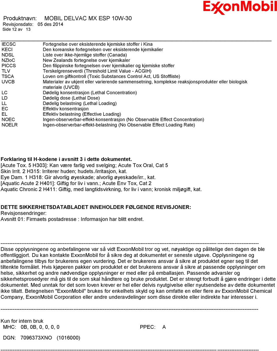 Substances Control Act, US Stoffliste) UVCB Materialer av ukjent eller varierende sammensetning, komplekse reaksjonsprodukter eller biologisk materiale (UVCB) LC Dødelig konsentrasjon (Lethal