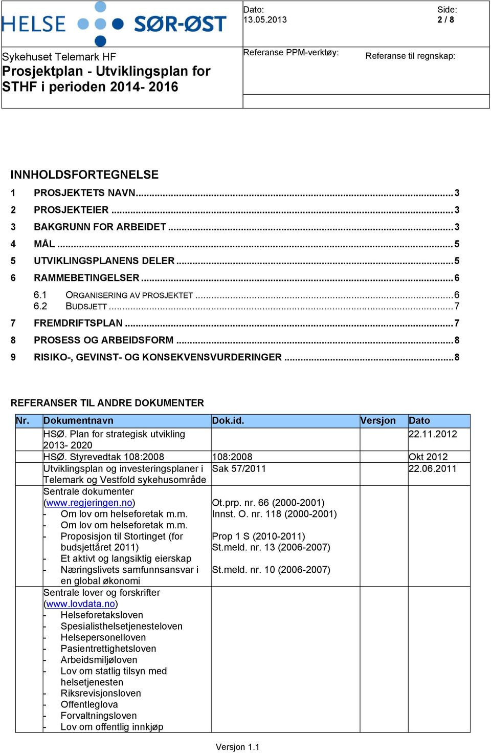 Plan for strategisk utvikling 22.11.2012 2013-2020 HSØ. Styrevedtak 108:2008 108:2008 Okt 2012 Utviklingsplan og investeringsplaner i Sak 57/2011 22.06.