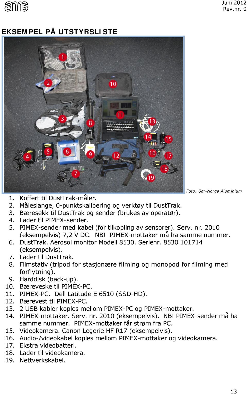 Serienr. 8530 101714 (eksempelvis). 7. Lader til DustTrak. 8. Filmstativ (tripod for stasjonære filming og monopod for filming med forflytning). 9. Harddisk (back-up). 10. Bæreveske til PIMEX-PC. 11.