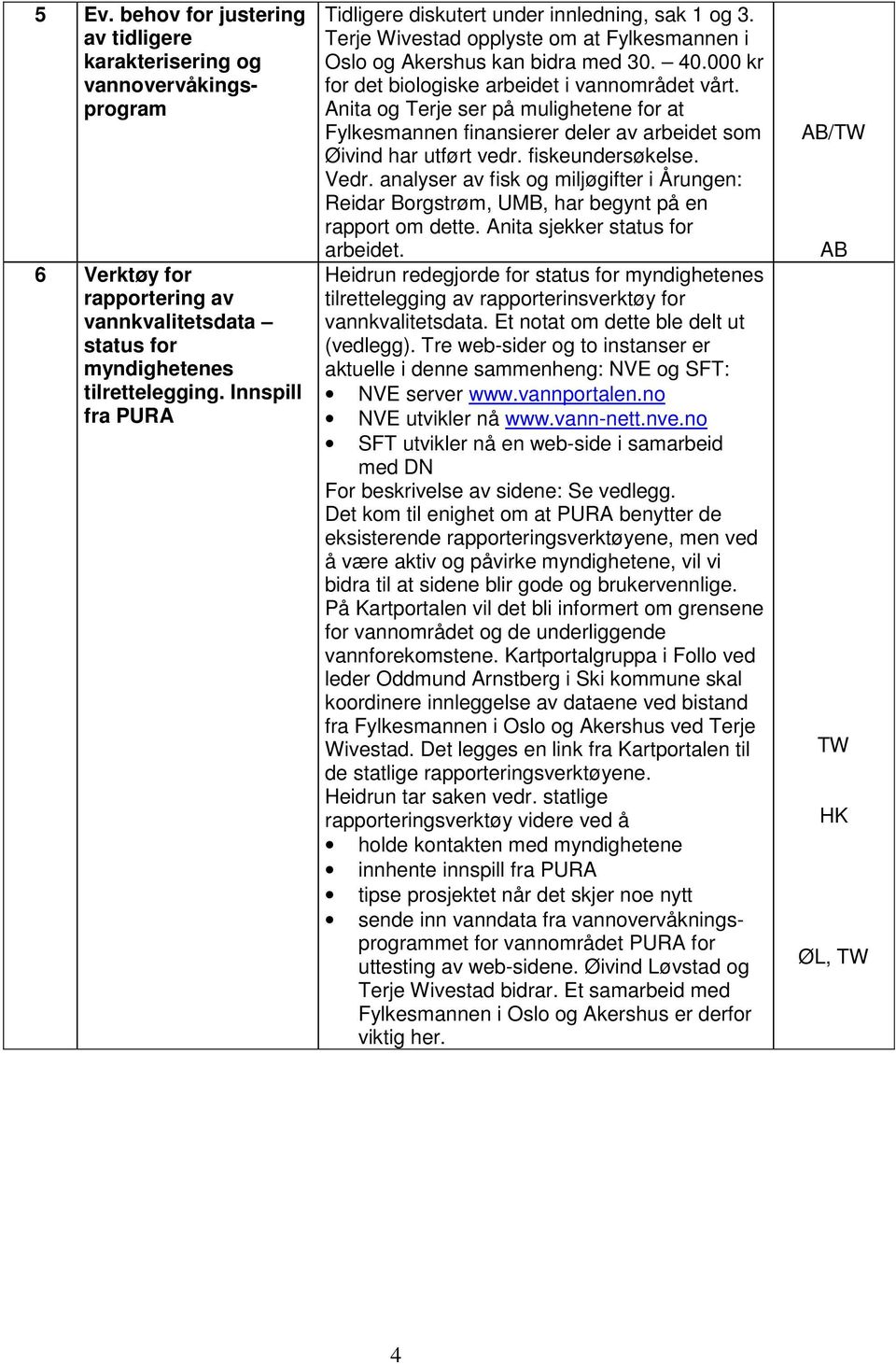 000 kr for det biologiske arbeidet i vannområdet vårt. Anita og Terje ser på mulighetene for at Fylkesmannen finansierer deler av arbeidet som Øivind har utført vedr. fiskeundersøkelse. Vedr.