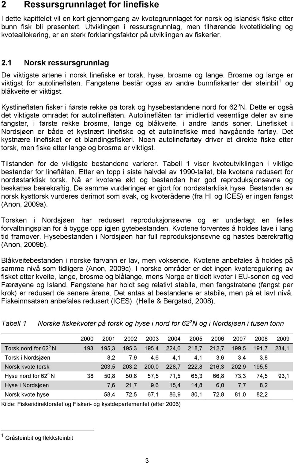 1 Norsk ressursgrunnlag De viktigste artene i norsk linefiske er torsk, hyse, brosme og lange. Brosme og lange er viktigst for autolineflåten.