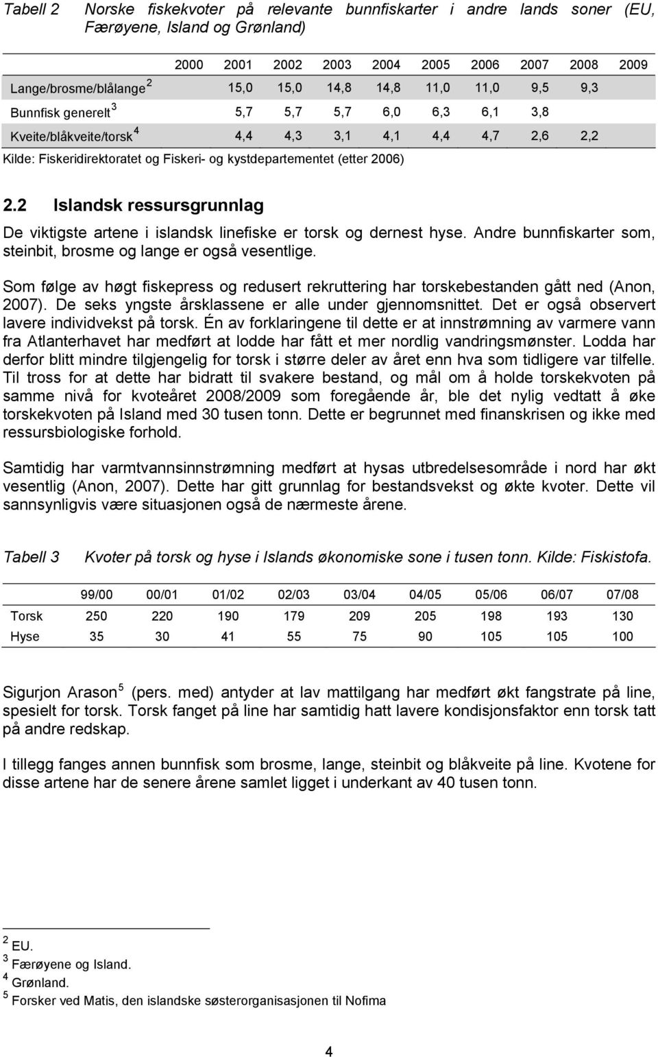 2 Islandsk ressursgrunnlag De viktigste artene i islandsk linefiske er torsk og dernest hyse. Andre bunnfiskarter som, steinbit, brosme og lange er også vesentlige.