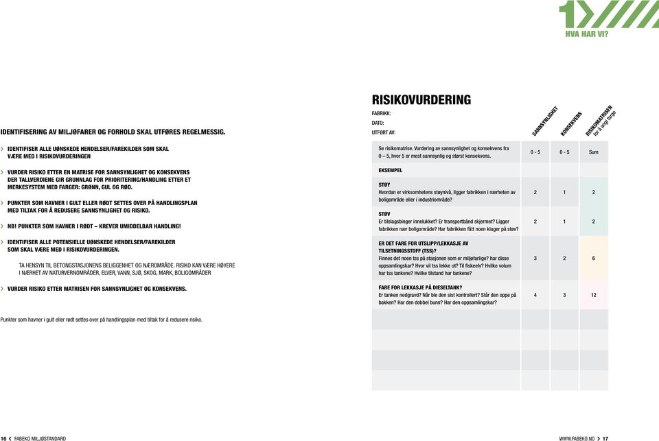 etter en matrise for sannsynlighet og konsekvens der tallverdiene gir grunnlag for prioritering/handling etter et merkesystem med farger: Grønn, gul og rød.