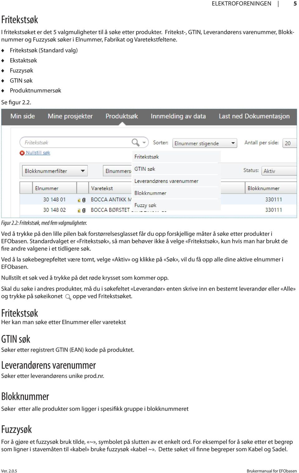 2. Figur 2.2: Fritekstsøk, med fem valgmuligheter. Ved å trykke på den lille pilen bak forstørrelsesglasset får du opp forskjellige måter å søke etter produkter i EFObasen.