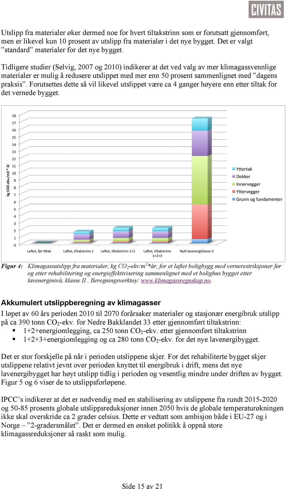 Tidligere studier (Selvig, 2007 og 2010) indikerer at det ved valg av mer klimagassvennlige materialer er mulig å redusere utslippet med mer enn 50 prosent sammenlignet med dagens praksis.