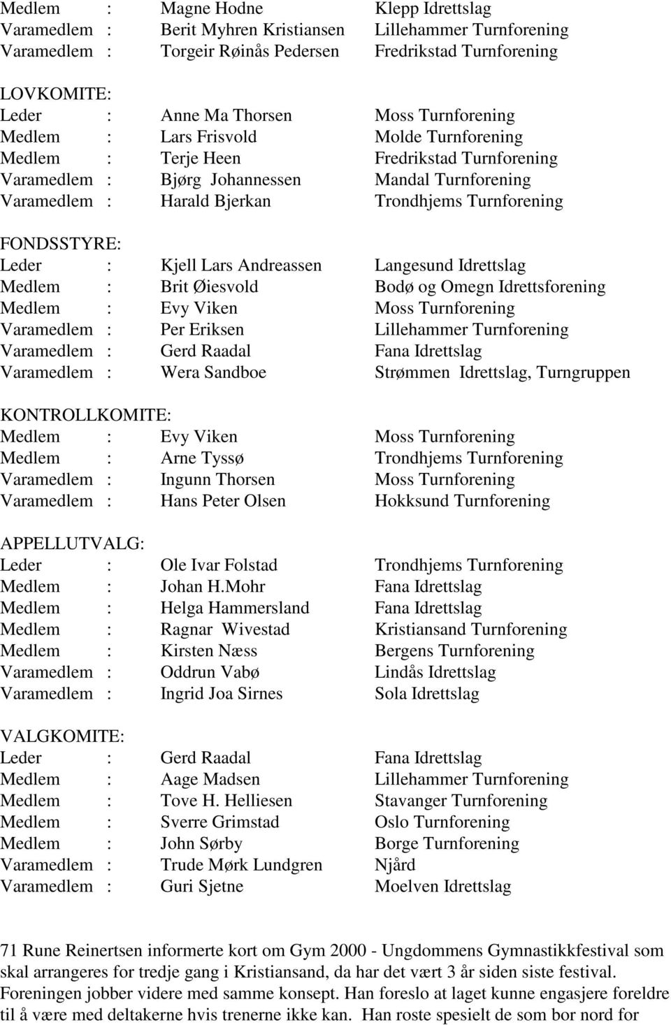 Turnforening FONDSSTYRE: Leder : Kjell Lars Andreassen Langesund Idrettslag Medlem : Brit Øiesvold Bodø og Omegn Idrettsforening Medlem : Evy Viken Moss Turnforening Varamedlem : Per Eriksen