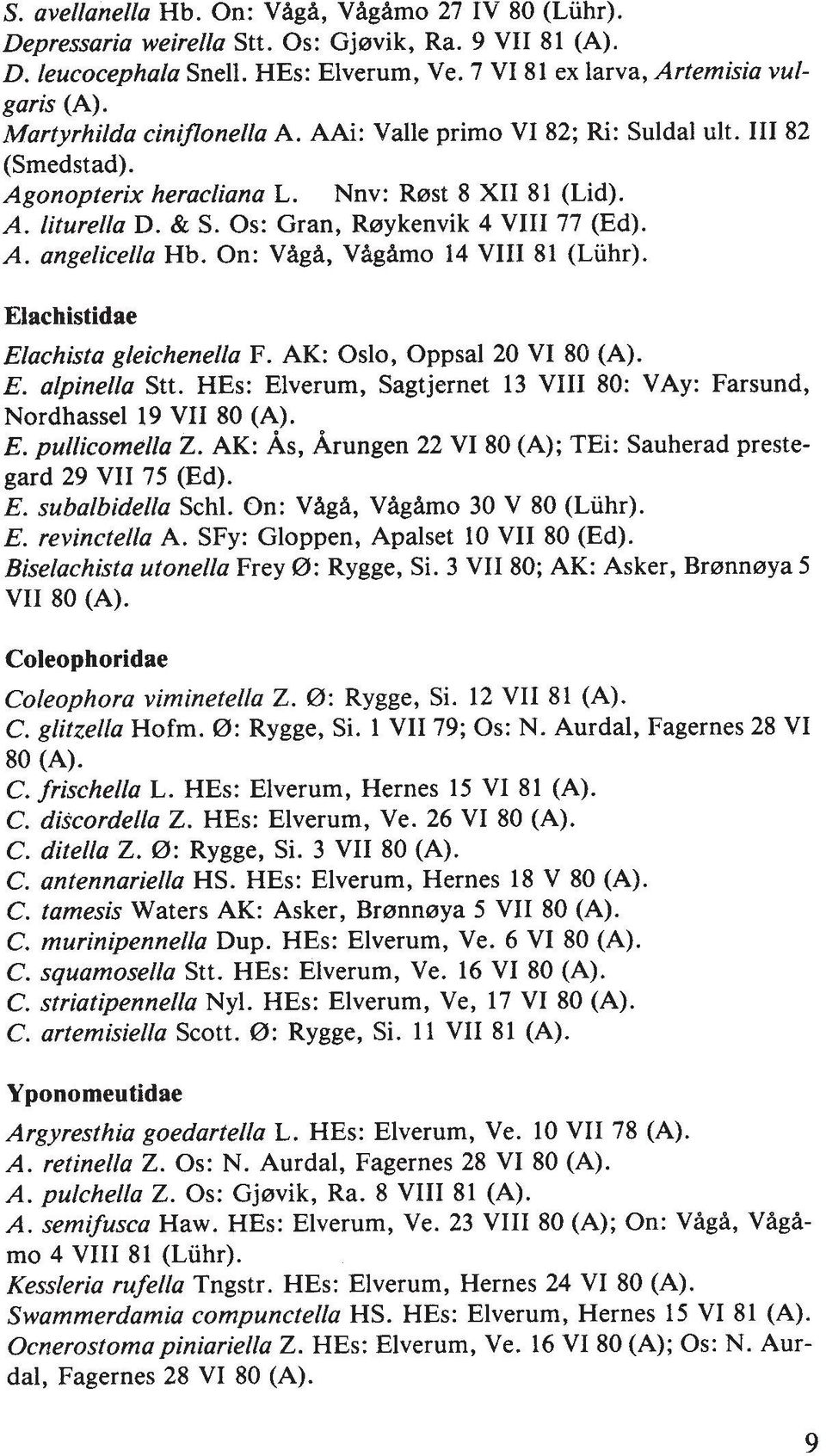 On: VAgA, VAgAmo 14 VIII 81 (Luhr). Elachistidae Elachista gleichenella F. AK: Oslo, Oppsal 20 VI 80 (A). E. alpinella Stt. HEs: Elverum, Sagtjernet 13 VIII 80: VAy: Farsund, Nordhassel 19 VII 80 (A).