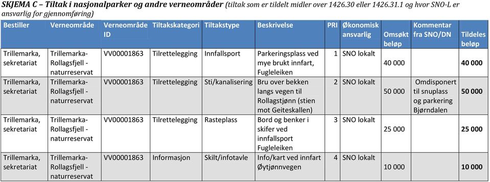 Parkeringsplass ved mye brukt innfart, Fugleleiken VV00001863 Tilrettelegging Sti/kanalisering Bru over bekken langs vegen til Rollagstjønn (stien mot Geiteskallen) VV00001863 Tilrettelegging