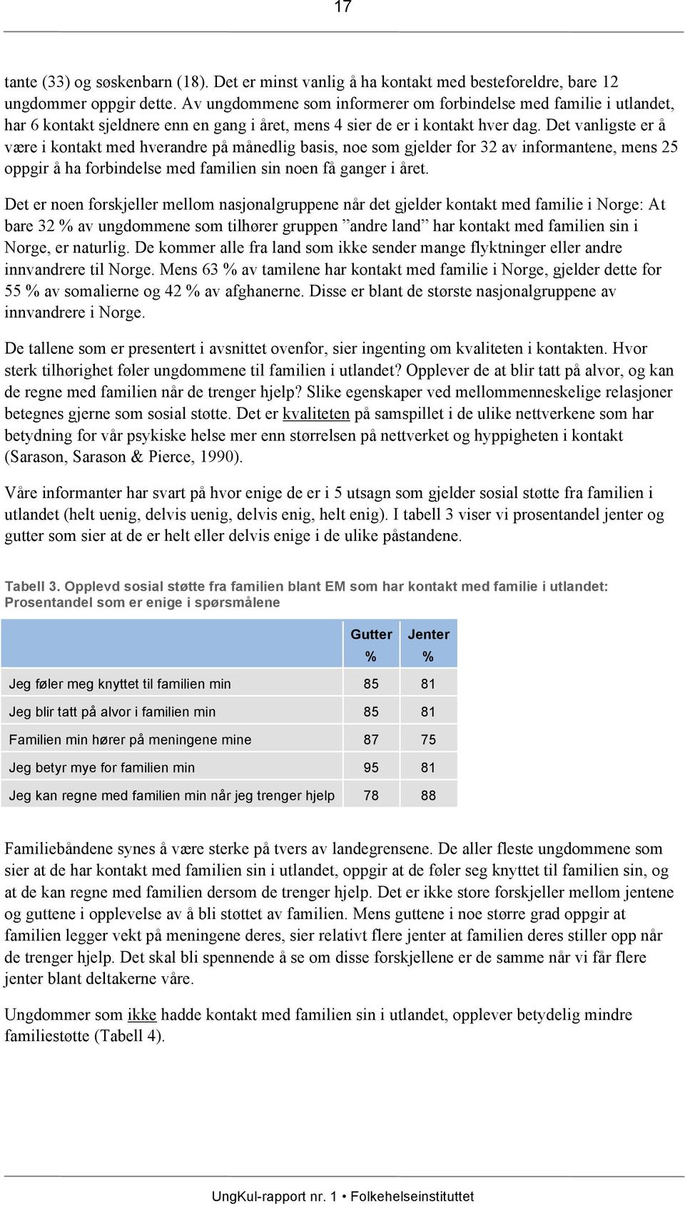 Det vanligste er å være i kontakt med hverandre på månedlig basis, noe som gjelder for 32 av informantene, mens 25 oppgir å ha forbindelse med familien sin noen få ganger i året.