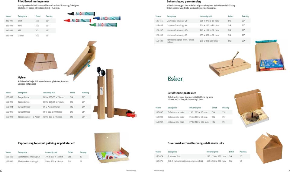 Varenr Betegnelse Enhet Pakning 242 035 Sort Stk 12* 242 036 Rød Stk 12* 242 037 Blå Stk 12* 242 038 Grønn Stk 12* 125 455 Universal omslag, C4+ 335 x 275 x -80 mm Stk 20* 125 456 Universal omslag,