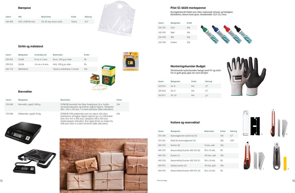 Varenr Betegnelse Enhet 242 001 Sort Stk 242 002 Rød Stk 242 003 Blå Stk Strikk og målebånd 242 004 Grønn Stk Varenr Betegnelse Innvendig mål Beskrivelse Enhet 299 003 Strikk 8 cm x 2 mm Brun, 500 g