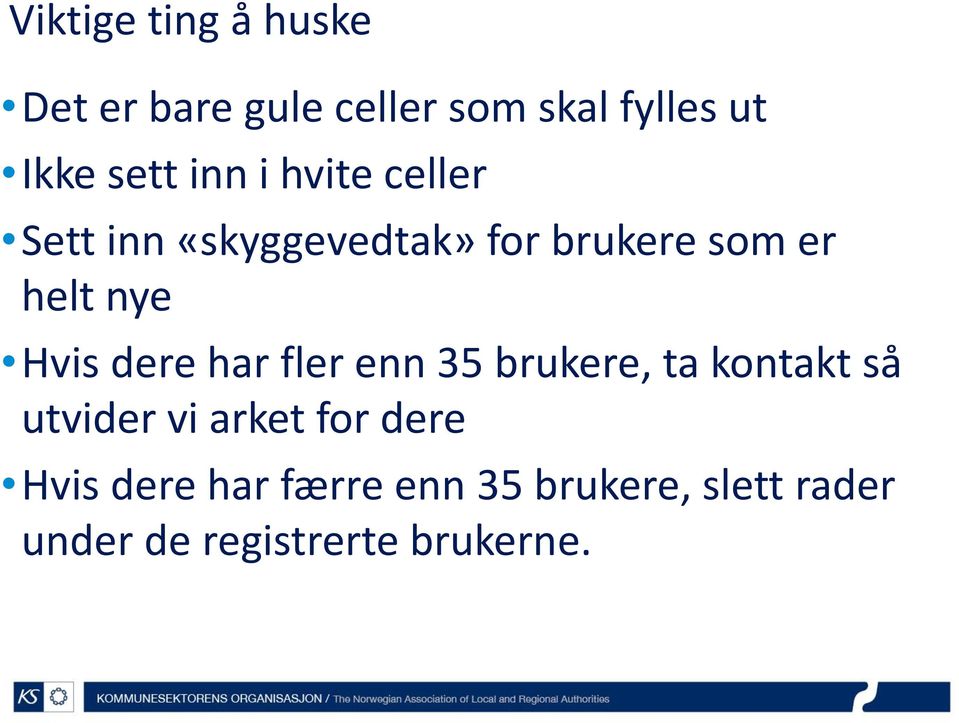 Hvis dere har fler enn 35 brukere, ta kontakt så utvider vi arket for dere