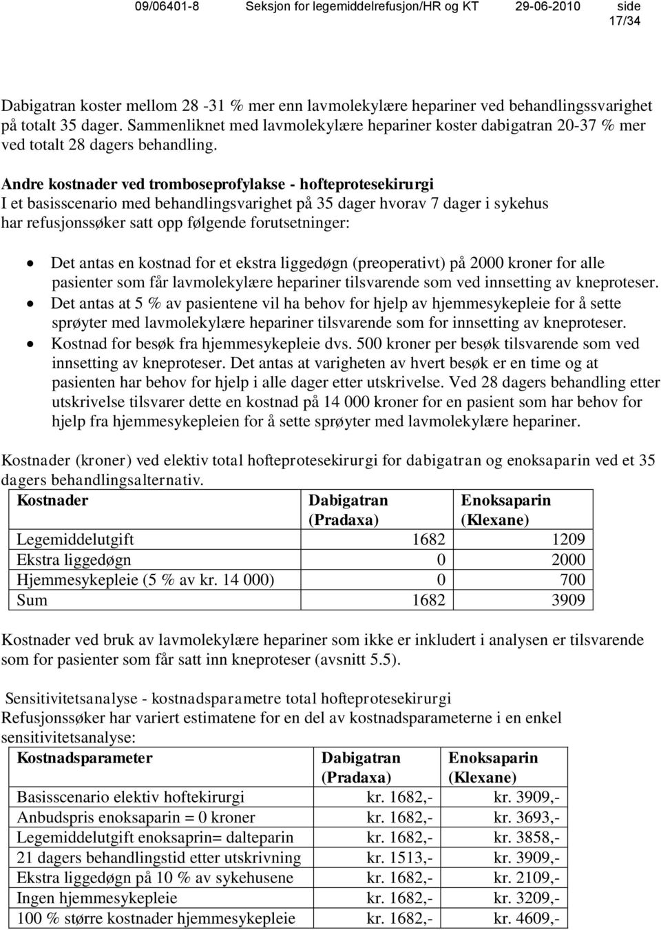 Andre kostnader ved tromboseprofylakse - hofteprotesekirurgi I et basisscenario med behandlingsvarighet på 35 dager hvorav 7 dager i sykehus har refusjonssøker satt opp følgende forutsetninger: Det