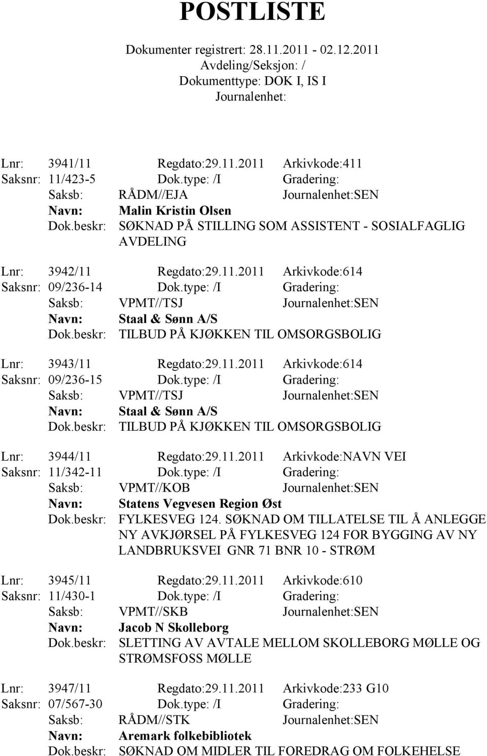 type: /I Gradering: Saksb: VPMT//TSJ SEN Staal & Sønn A/S TILBUD PÅ KJØKKEN TIL OMSORGSBOLIG Lnr: 3944/11 Regdato:29.11.2011 Arkivkode:NAVN VEI Saksnr: 11/342-11 Dok.