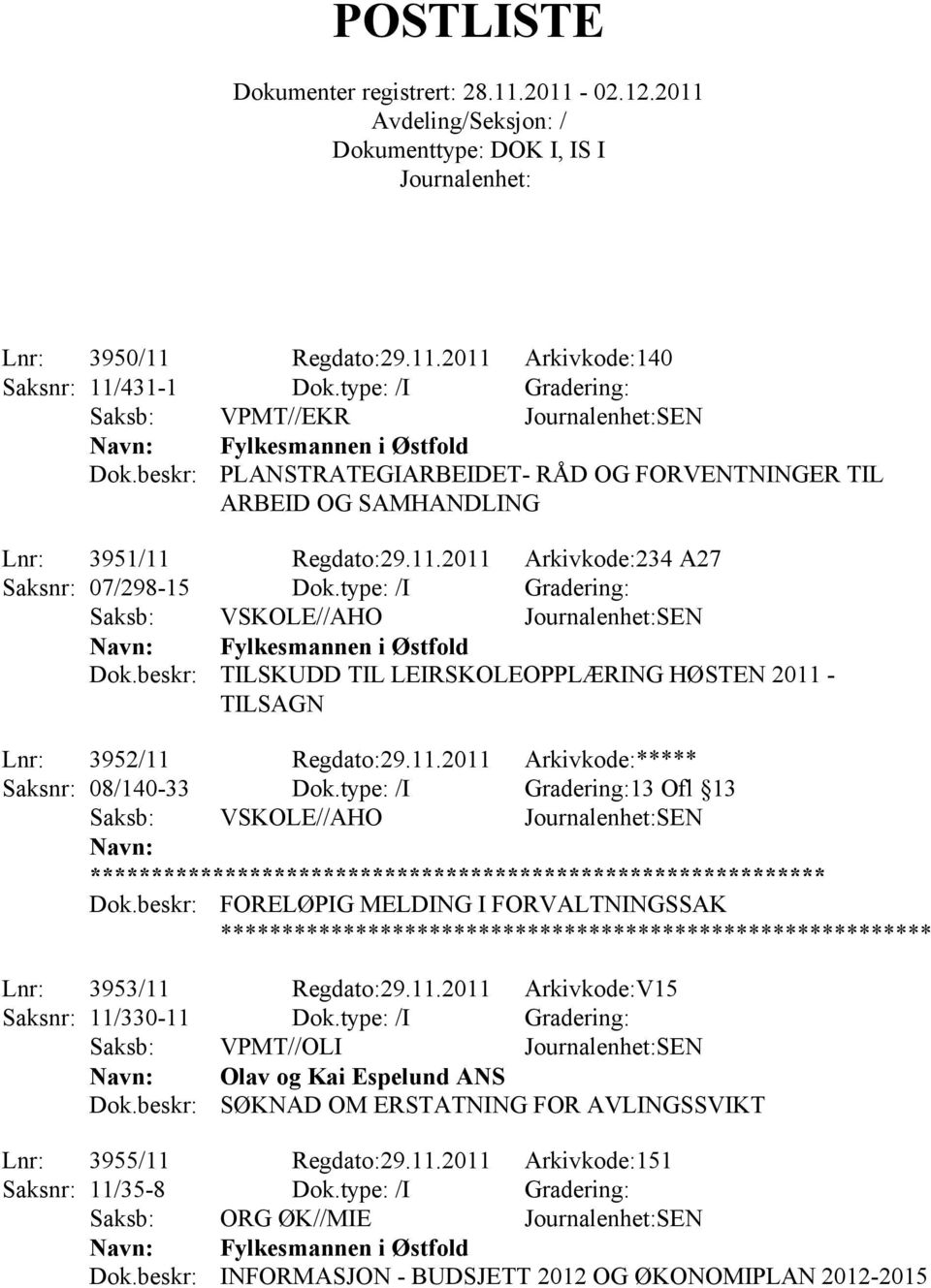 type: /I Gradering: Fylkesmannen i Østfold TILSKUDD TIL LEIRSKOLEOPPLÆRING HØSTEN 2011 - TILSAGN Lnr: 3952/11 Regdato:29.11.2011 Arkivkode:***** Saksnr: 08/140-33 Dok.