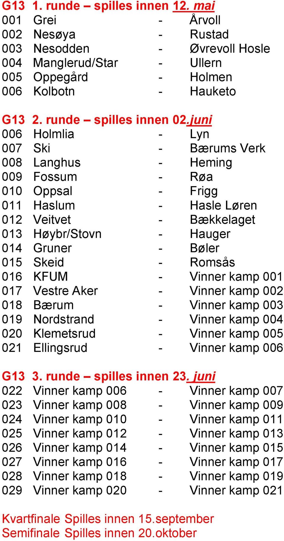 juni 006 Holmlia - Lyn 007 Ski - Bærums Verk 008 Langhus - Heming 009 Fossum - Røa 010 Oppsal - Frigg 011 Haslum - Hasle Løren 012 Veitvet - Bækkelaget 013 Høybr/Stovn - Hauger 014 Gruner - Bøler 015