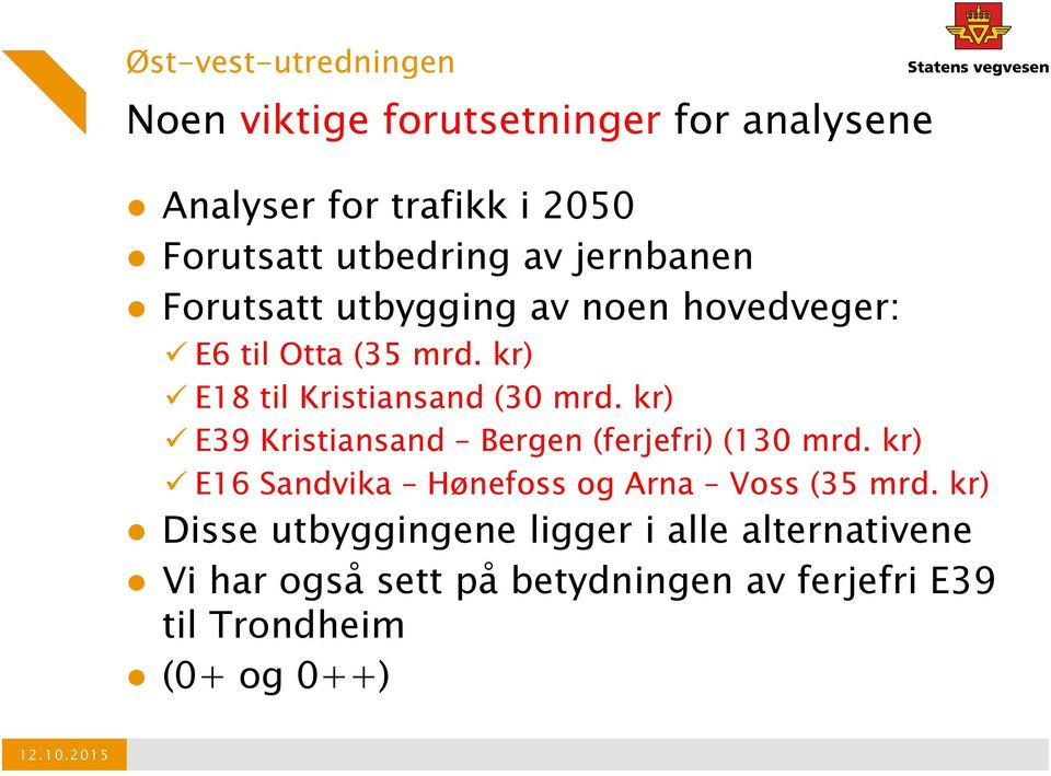 kr) E39 Kristiansand Bergen (ferjefri) (130 mrd. kr) E16 Sandvika Hønefoss og Arna Voss (35 mrd.