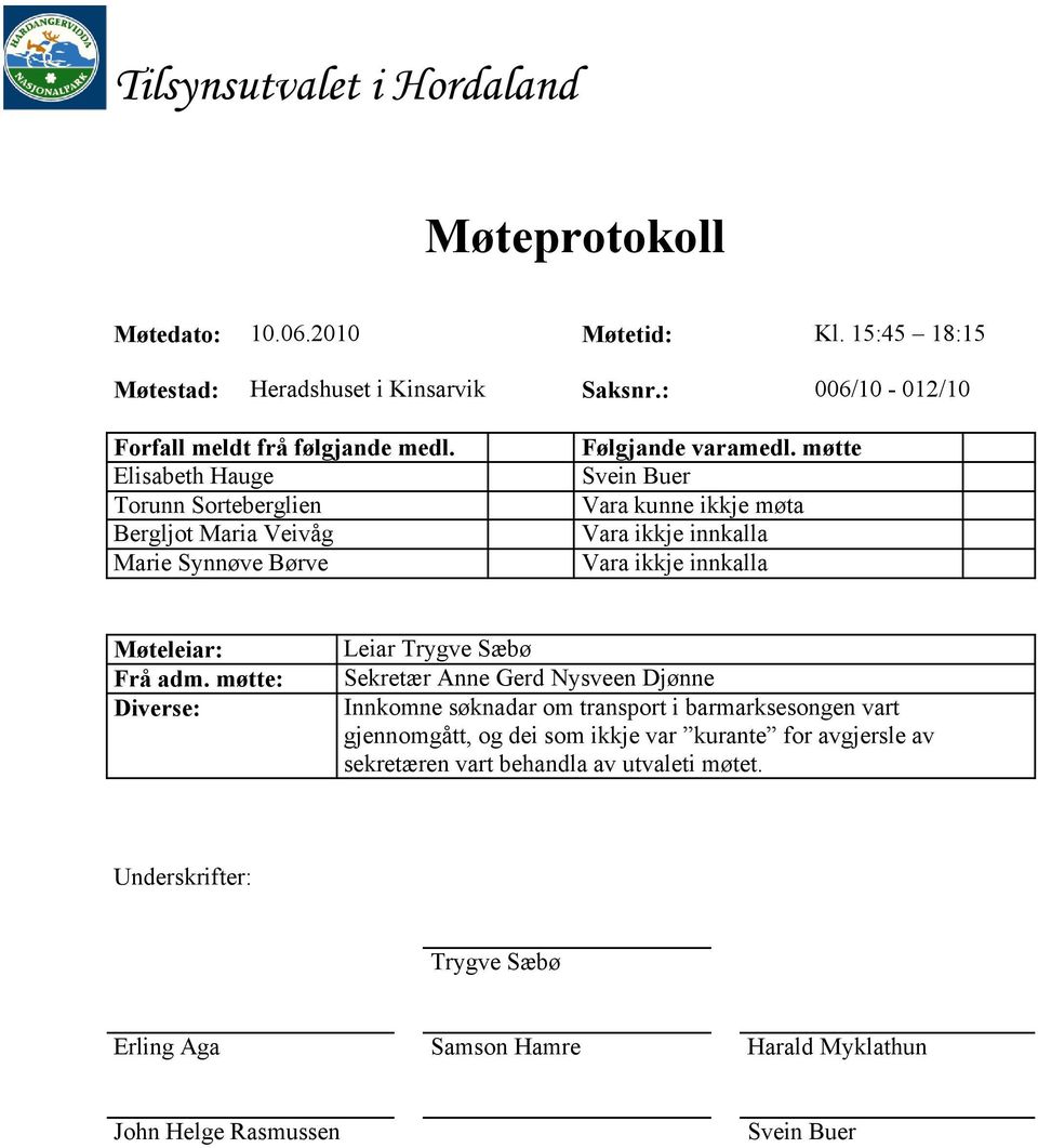 møtte Svein Buer Vara kunne ikkje møta Vara ikkje innkalla Vara ikkje innkalla Møteleiar: Frå adm.