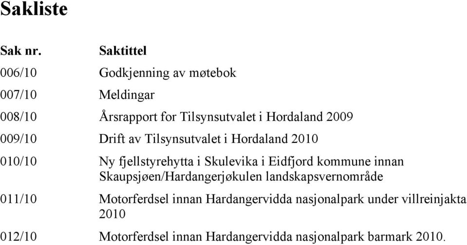 2009 009/10 Drift av Tilsynsutvalet i Hordaland 2010 010/10 Ny fjellstyrehytta i Skulevika i Eidfjord