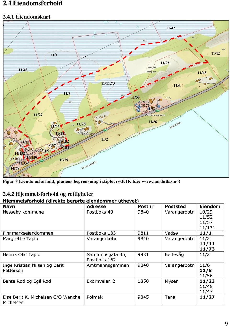 2 Hjemmelsforhold og rettigheter Hjemmelsforhold (direkte berørte eiendommer uthevet) Navn Adresse Postnr Poststed Eiendom Nesseby kommune Postboks 40 9840 Varangerbotn 10/29 11/52 11/57 11/171