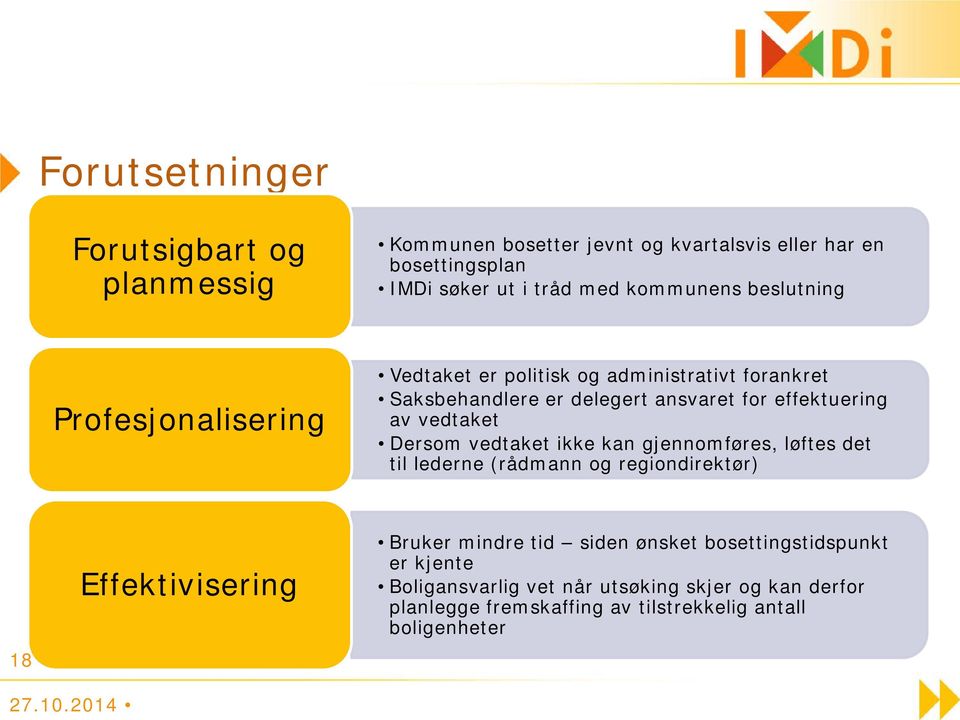 av vedtaket Dersom vedtaket ikke kan gjennomføres, løftes det til lederne (rådmann og regiondirektør) 18 Effektivisering Bruker mindre tid