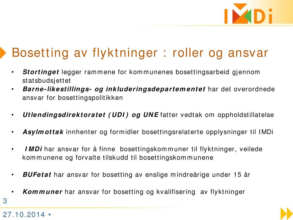 Asylmottak innhenter og formidler bosettingsrelaterte opplysninger til IMDi IMDi har ansvar for å finne bosettingskommuner til flyktninger, veilede kommunene