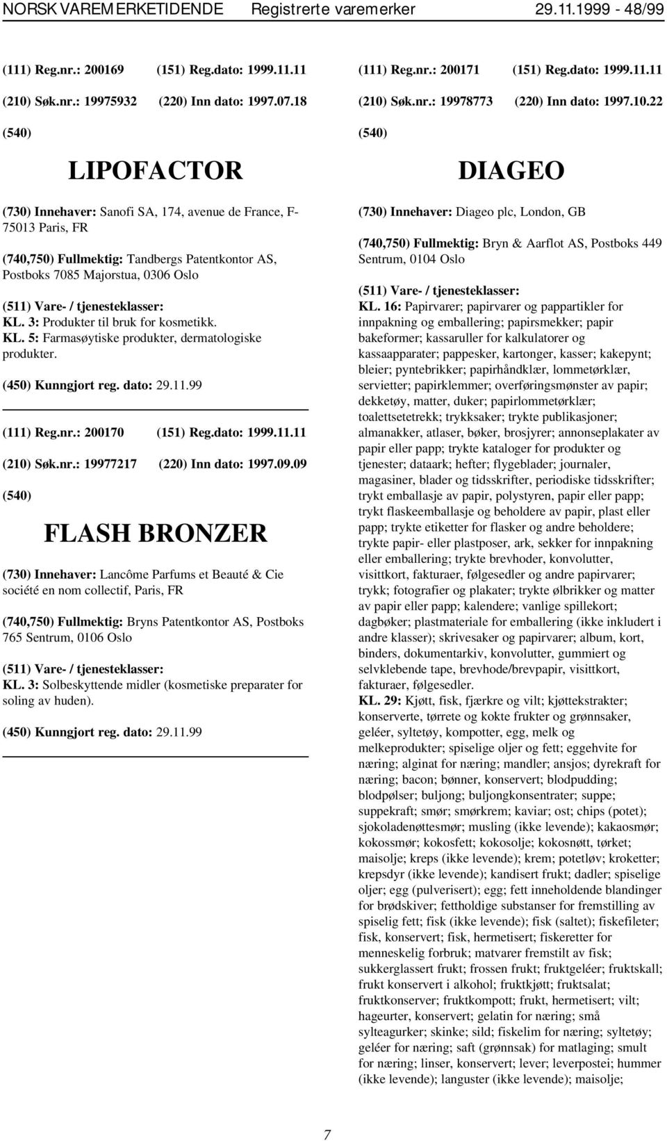 3: Produkter til bruk for kosmetikk. KL. 5: Farmasøytiske produkter, dermatologiske produkter. (111) Reg.nr.: 200170 (151) Reg.dato: 1999.11.11 (210) Søk.nr.: 19977217 (220) Inn dato: 1997.09.