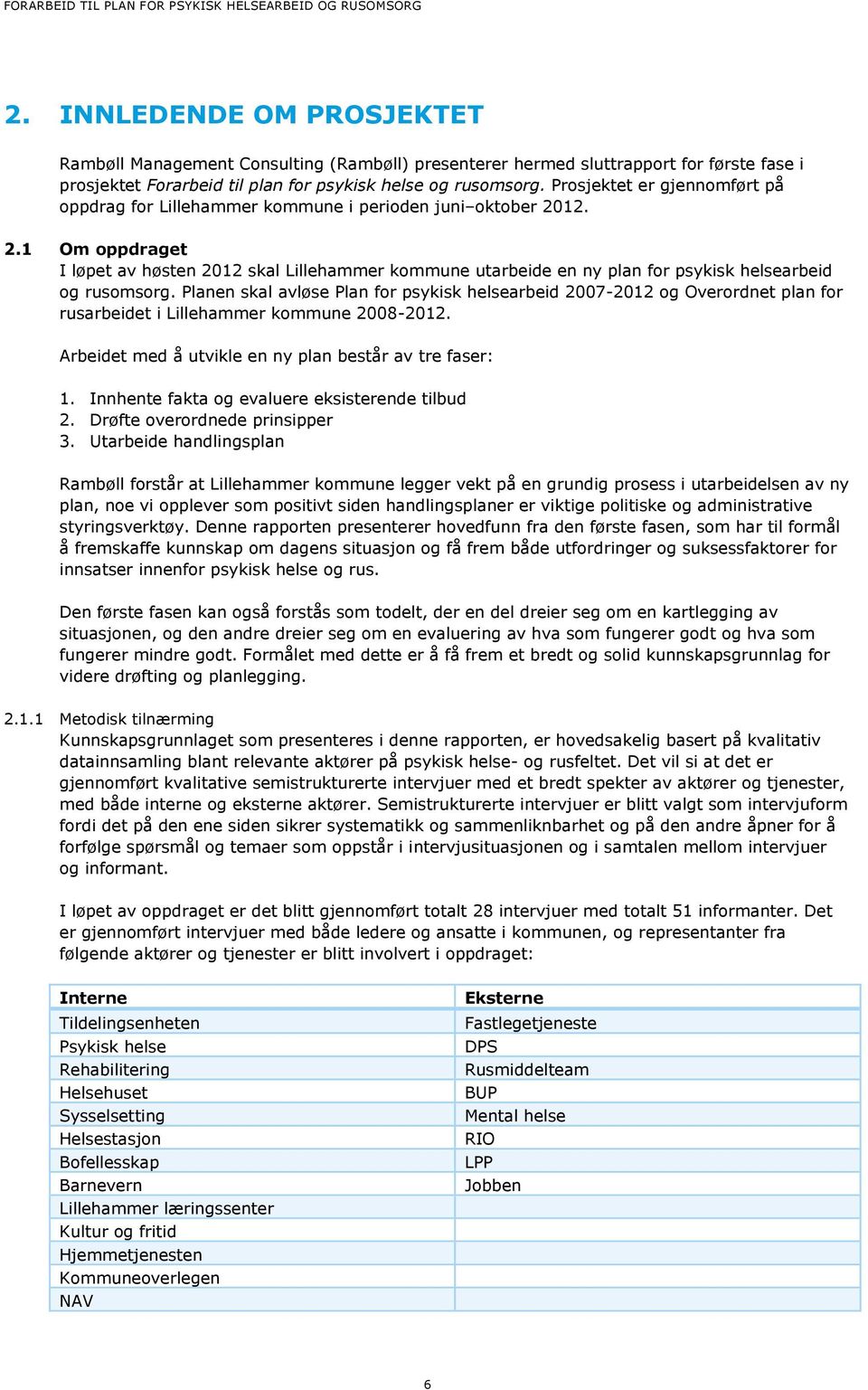 12. 2.1 Om oppdraget I løpet av høsten 2012 skal Lillehammer kommune utarbeide en ny plan for psykisk helsearbeid og rusomsorg.