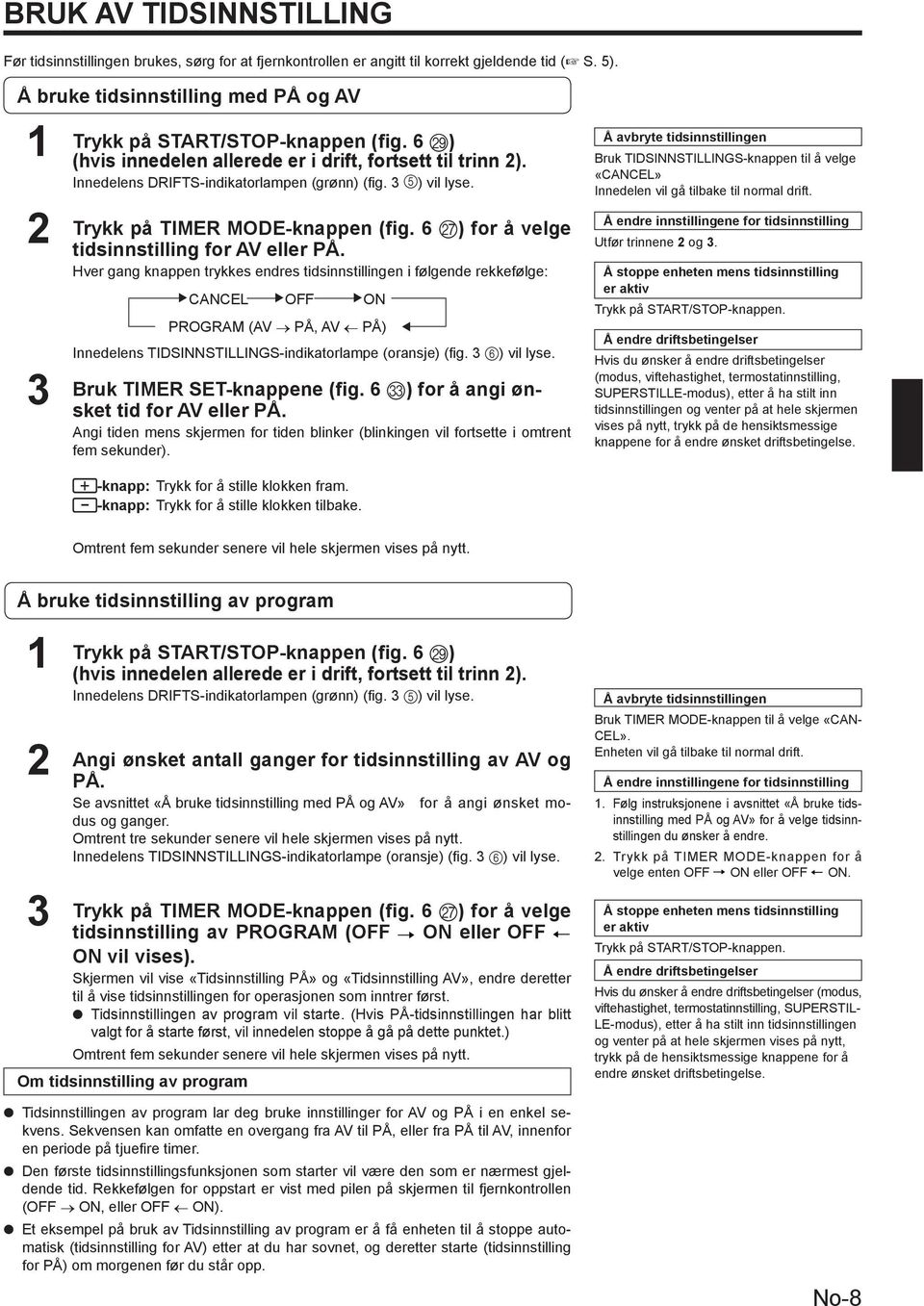 3 5) vil lyse. Trykk på TIMER MODE-knappen (fig. 6 Q) for å velge tidsinnstilling for AV eller PÅ.