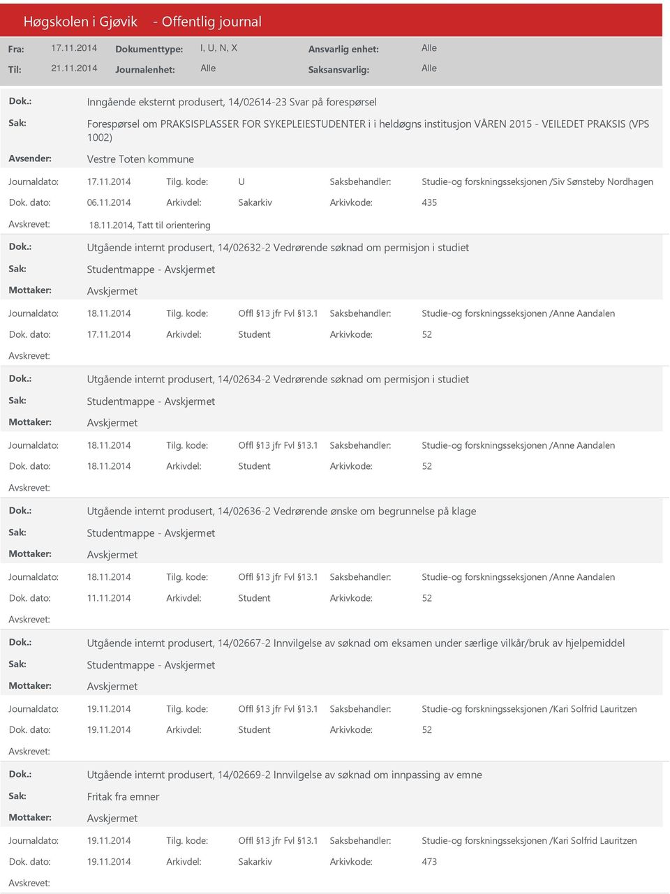 2014 Arkivdel: Sakarkiv Arkivkode: 435 18.11.2014, Tatt til orientering tgående internt produsert, 14/02632-2 Vedrørende søknad om permisjon i studiet Studentmappe - Dok.