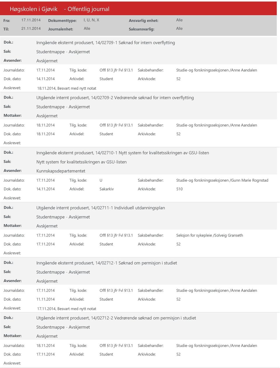 2014, Besvart med nytt notat tgående internt produsert, 14/02709-2 Vedrørende søknad for intern overflytting Studentmappe - Dok. dato: 18.11.